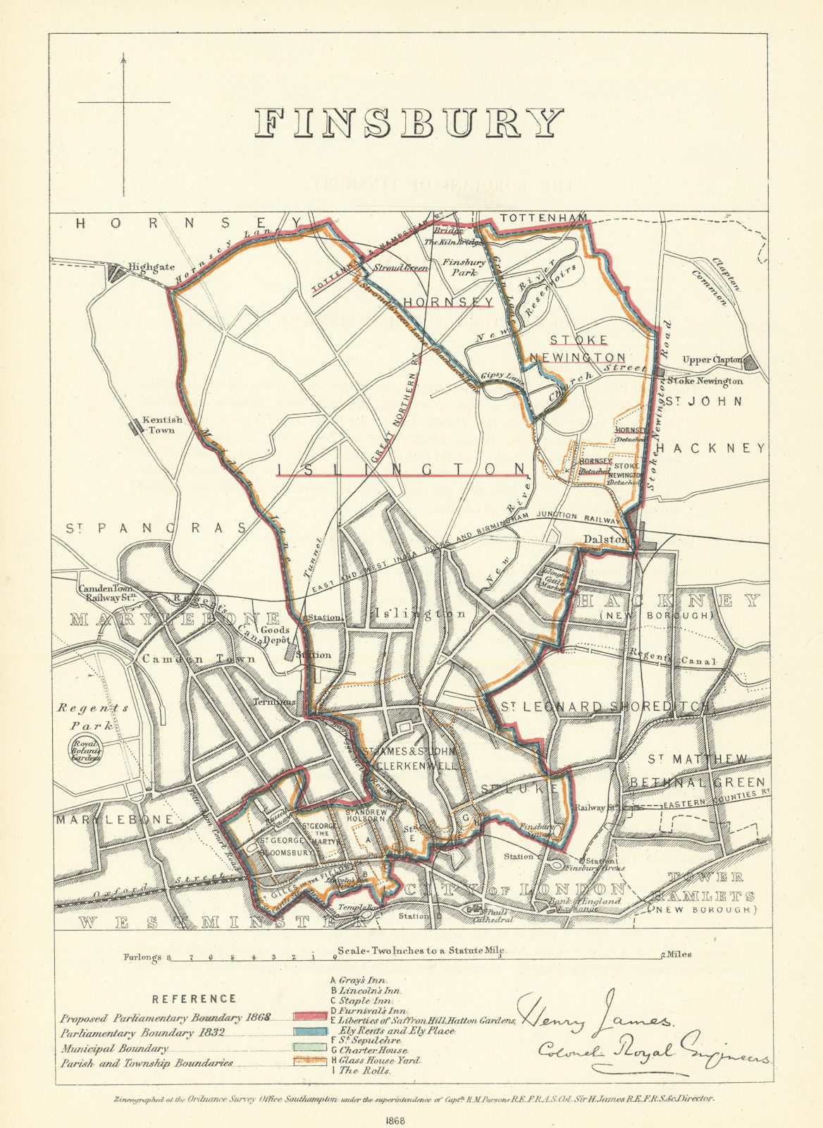 Finsbury, London. JAMES. Parliamentary Boundary Commission 1868 old map